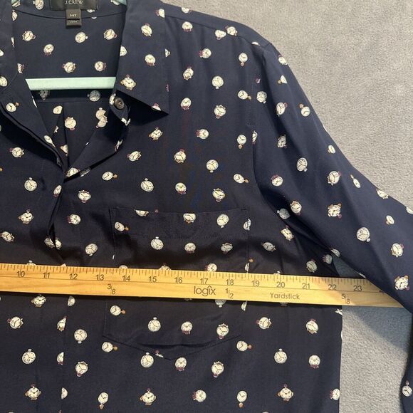 J. Crew 100% Silk Blouse Tunic Tick Tock Alarm Clock Print Size 14T Navy Blue - Picture 8 of 10